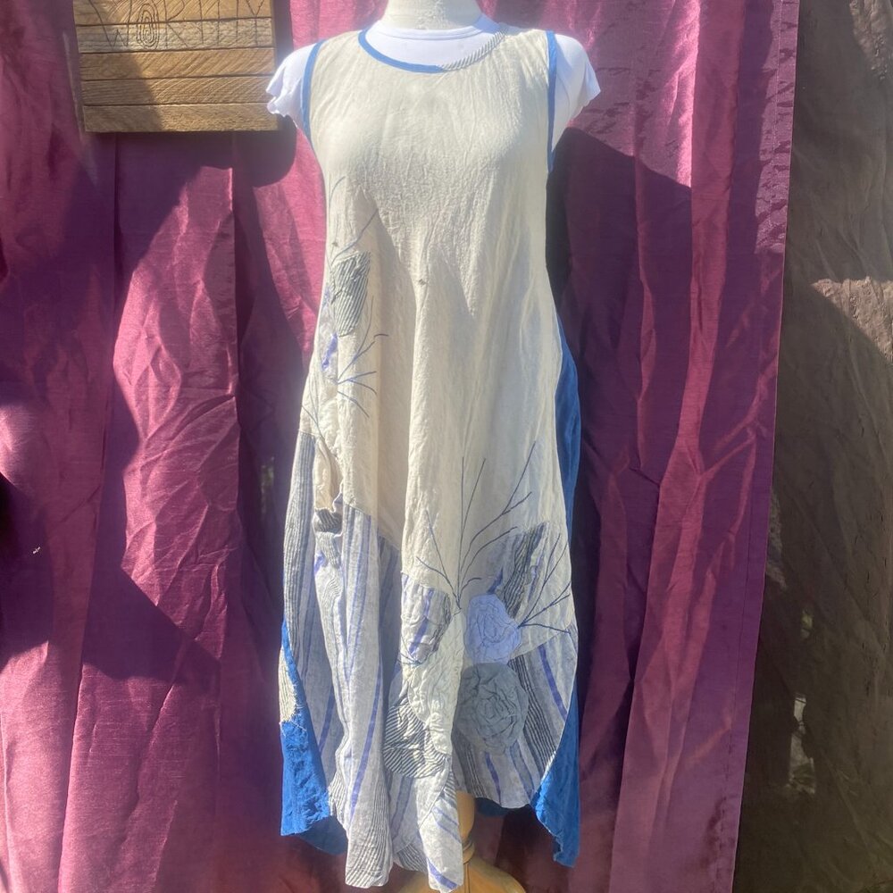 Mara Gibbucci Handcrafted Linen Tunic Dress | Abstract Floral Art | Size S